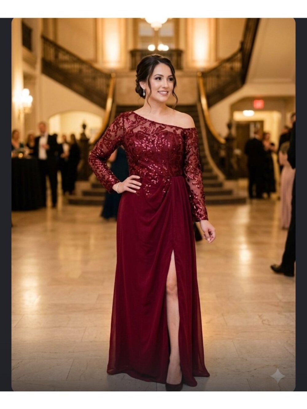 Witness of Love burgundy long-sleeve evening gown with  sequined lace bodice NWT